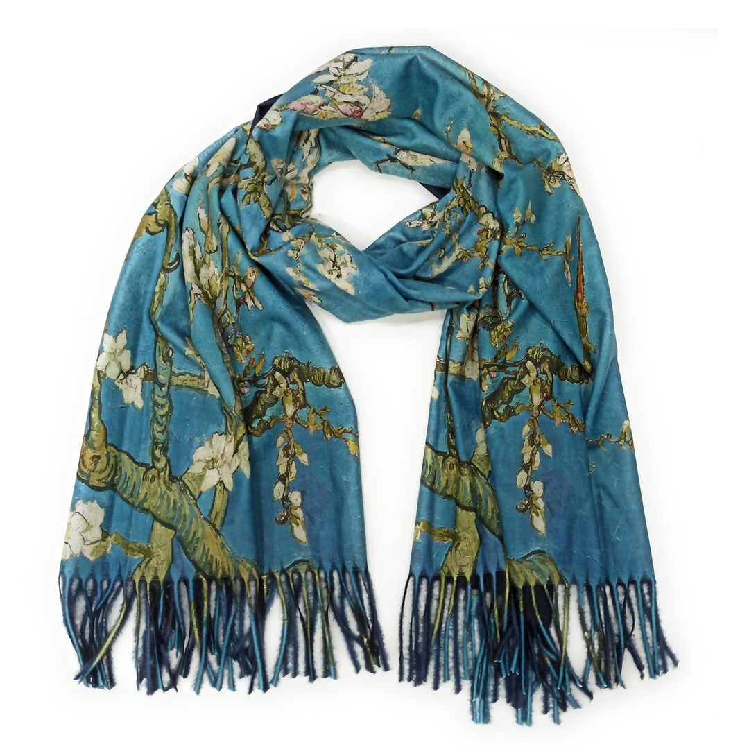 Completo d' autore sciarpa più guanti raffigurante il quadro "IL MANDORLO FIORITO" di Van Gogh - immagine 3