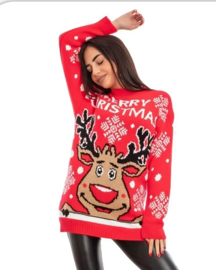 Maglione Natalizio Unisex Printera – Renna Rudolf Merry Christmas – Felpa Rossa Con Stampa – Prodotto In Germania