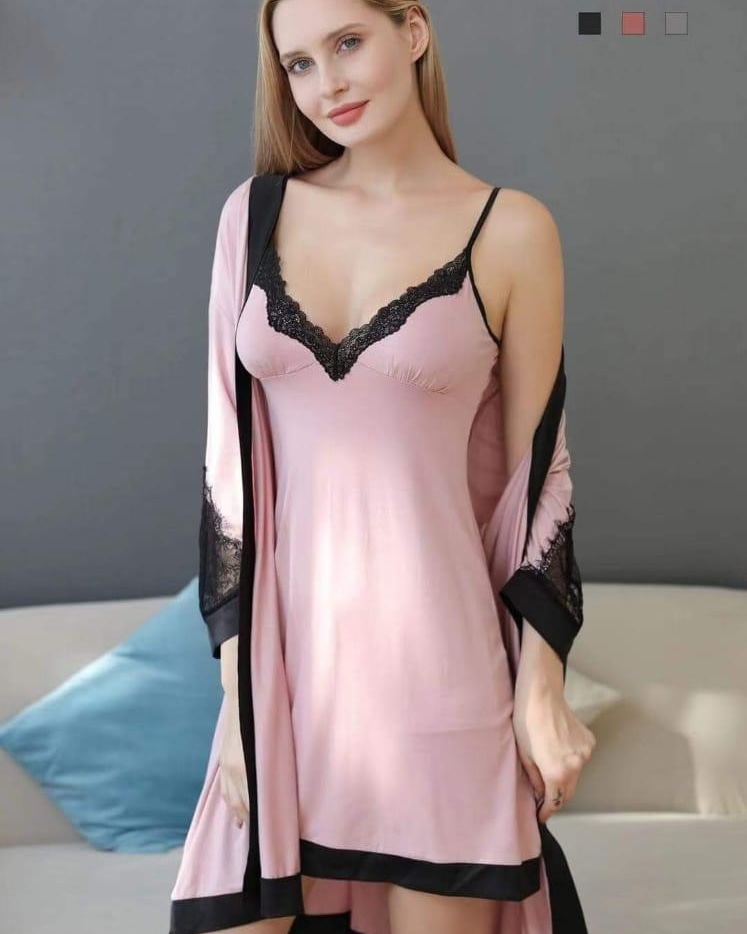 Completo donna in viscosa Kimono con sottoveste con inserti in pizzo