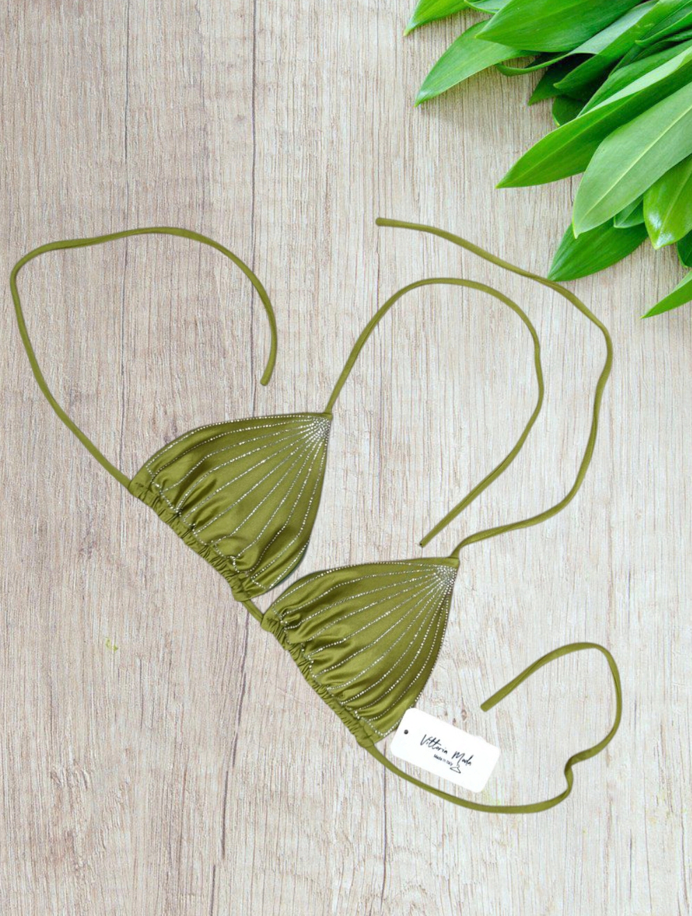 Bikini a Triangolo Verde Militare con Strass Argento - Taglia M/L - immagine 4