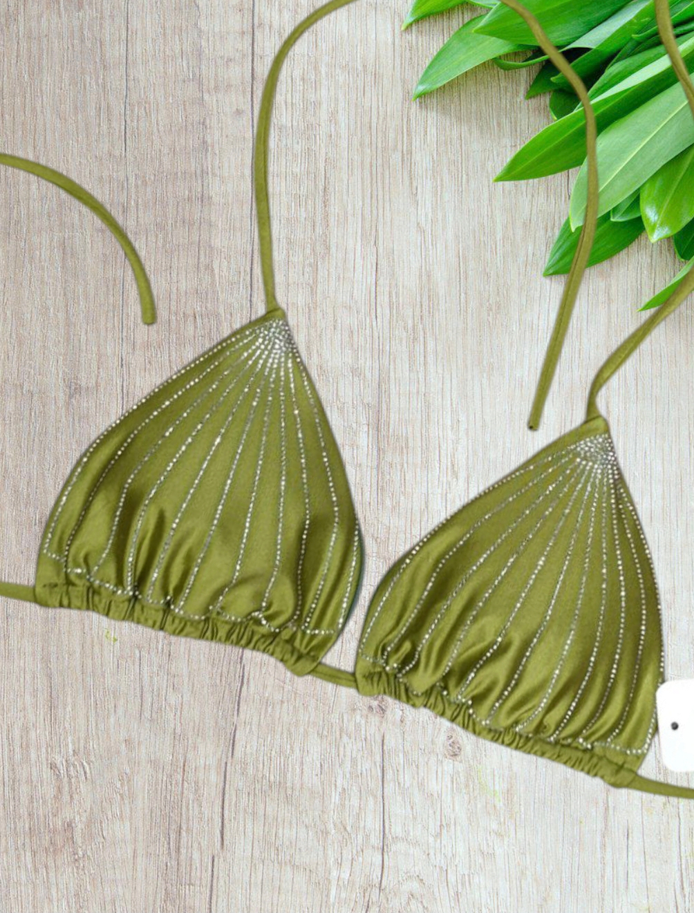 Bikini a Triangolo Verde Militare con Strass Argento - Taglia M/L - immagine 5