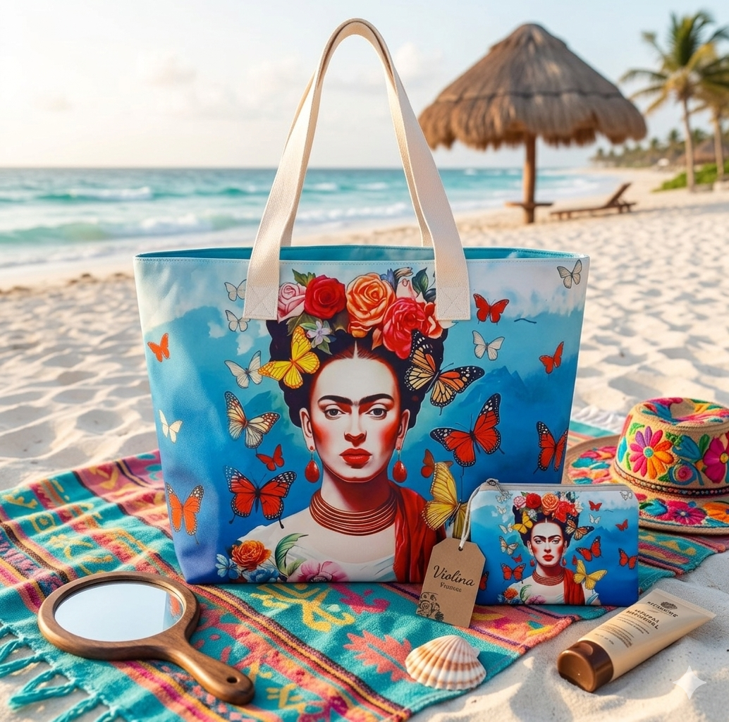 Borsa mare "Quadri d' Autore" di Frida Kalo modello autoritratto con farfalle
