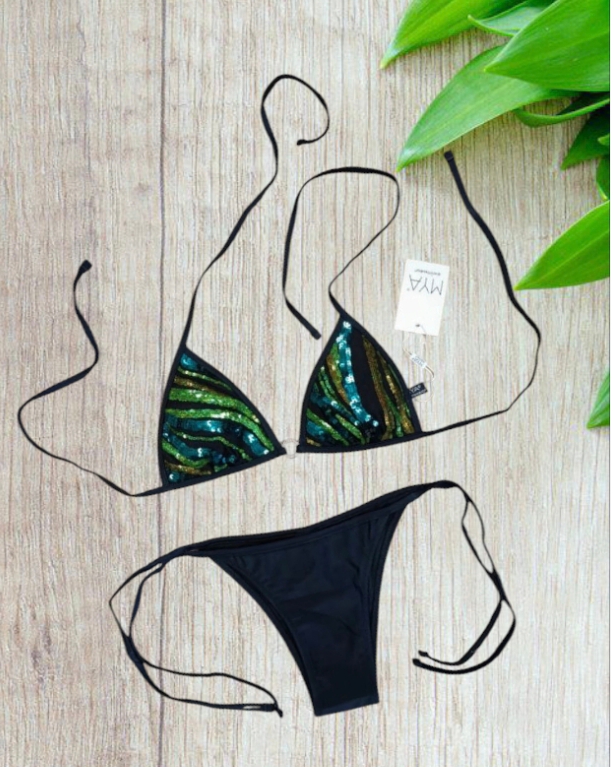 Bikini a triangolo con paillettes in colore nero/verde taglia 42/M - immagine 2