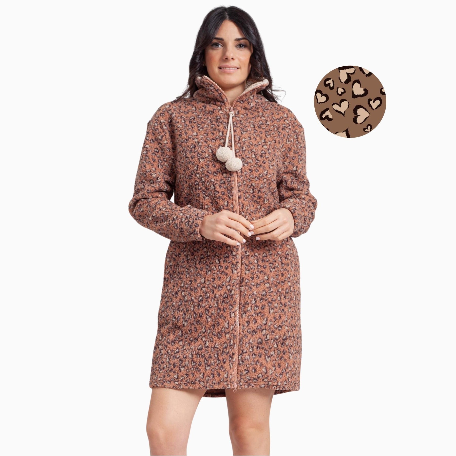 Vestaglia donna full zip marca Irge in tessuto Sherpa Super Caldo fantasia all over a cuoricini