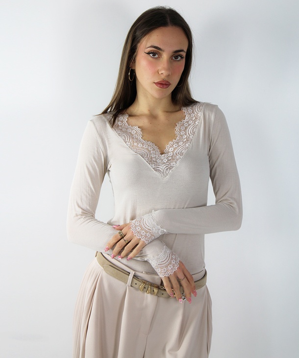 Maglia donna marca Cashmere Blend con dettaglio in pizzo in tessuto di Cashmere Superior - Made in Italy
