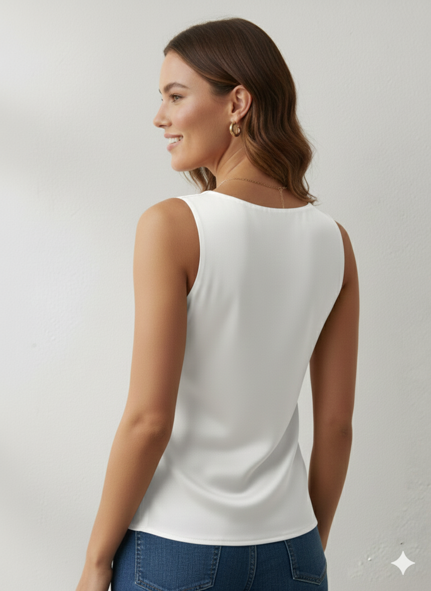 Canotta in morbido Raso con Scollo ad anello in colore bianco – Eleganza e Lucentezza Made in Italy - immagine 4