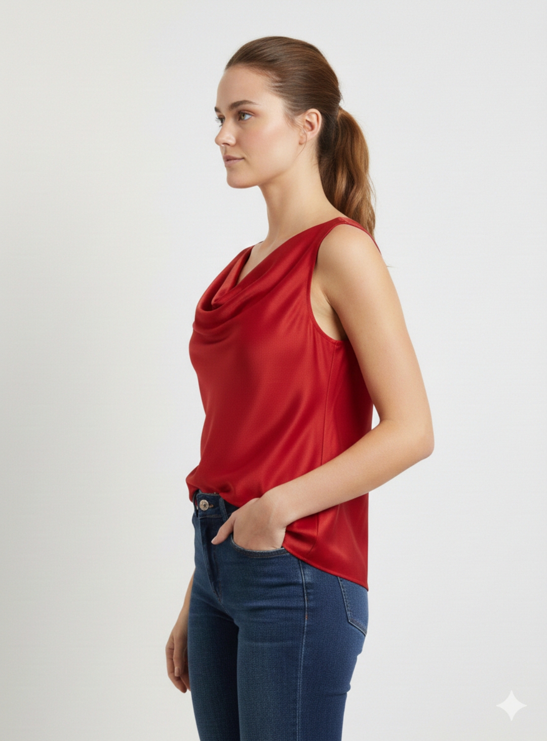 Canotta in morbido Raso con Scollo ad anello in colore Rosso– Eleganza e Lucentezza Made in Italy - immagine 3