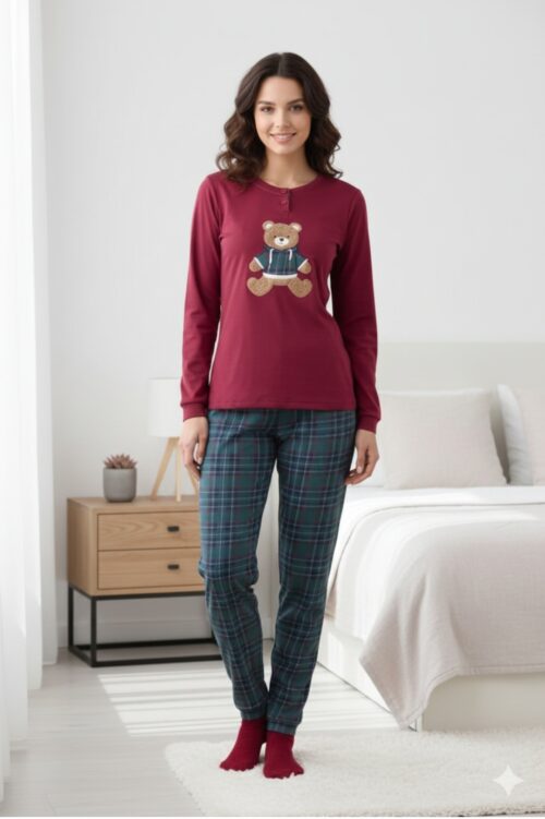 Pigiama Donna Calibrato marca Noidinotte in Caldo Cotone - Maglia Orsetto e Pantalone Tartan