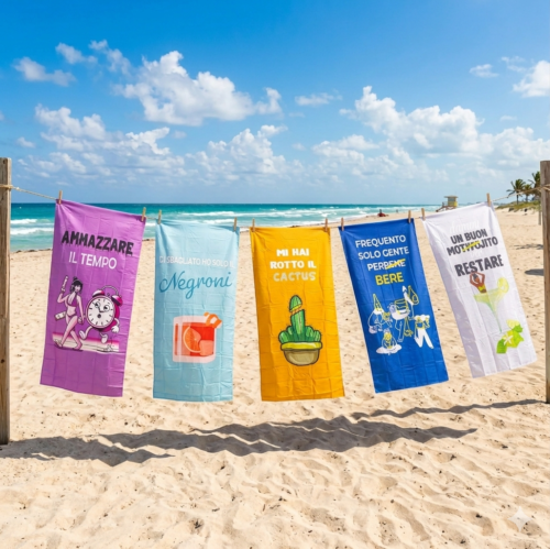 Telo Mare con borsetta in Microfibra Ironico e Compatto