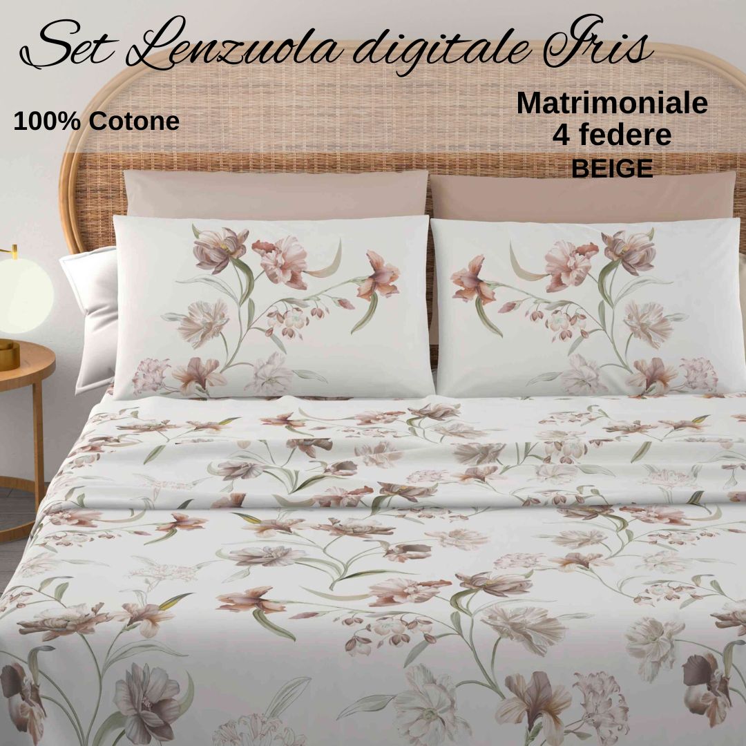 Lenzuola Matrimoniali Cotoneidea Modello Iris - Stampa Digitale Floreale - 100% Cotone con 4 Federe - immagine 2