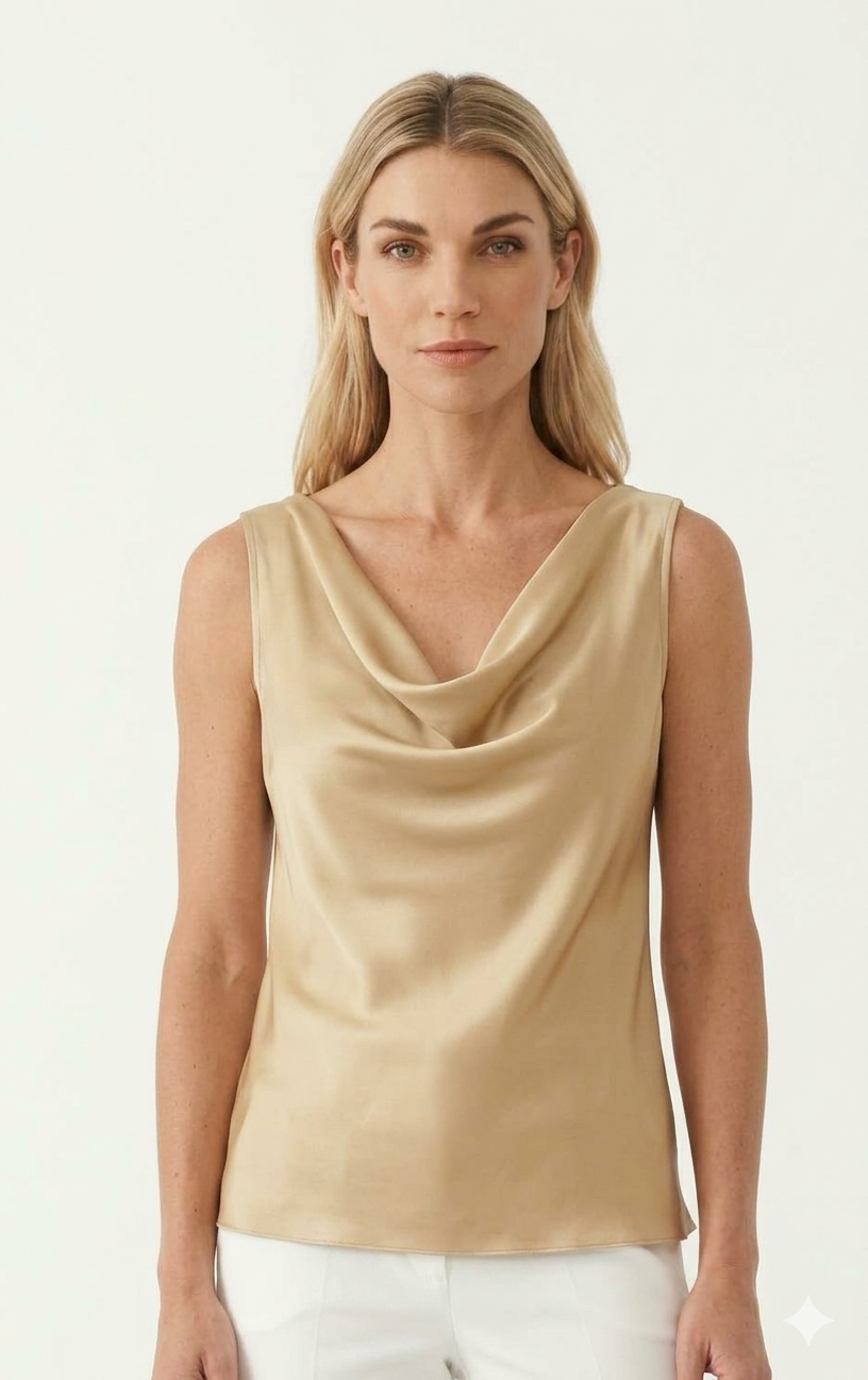 Canotta in morbido Raso con Scollo ad anello in colore beige chiaro – Eleganza e Lucentezza Made in Italy