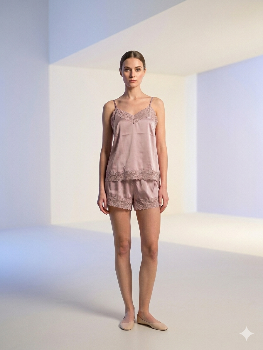 Pigiama Babydoll Rosa Antico in Pizzo | Taglia XL (Veste 44)