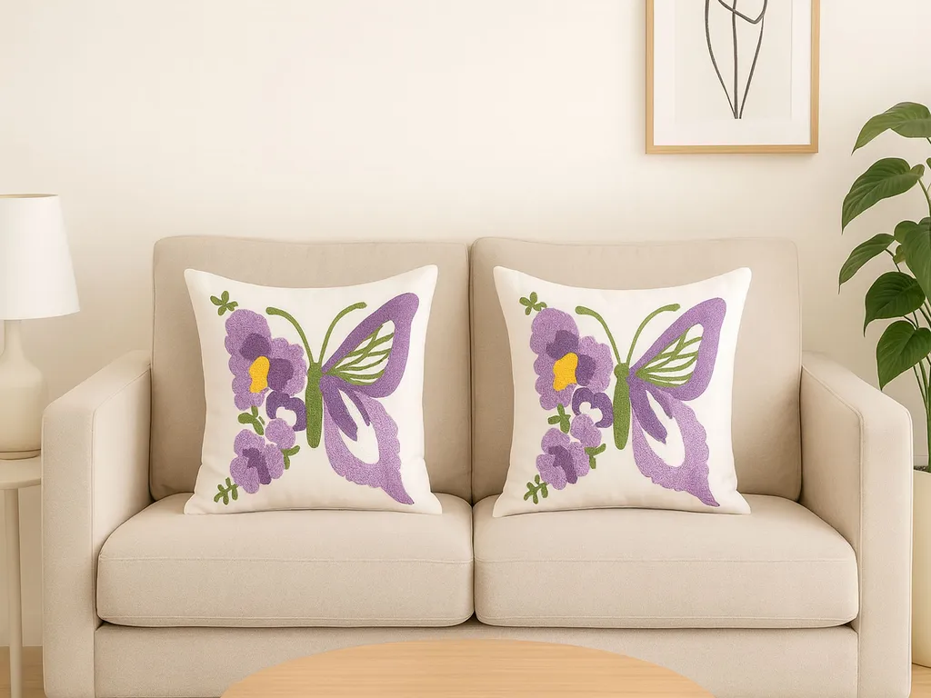 Set 2 Federe Arredo "Metamorfosi Viola" – Ricamo Farfalla e Fiori 45x45 cm - immagine 2